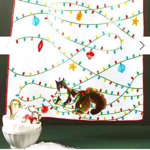 Anthropology Cat Wrapped in Lights Dish Towel